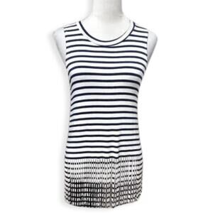 Everly Tank Top Striped Pattern Sleeveless Scoop Neck Fringe Hem White Blue XS
